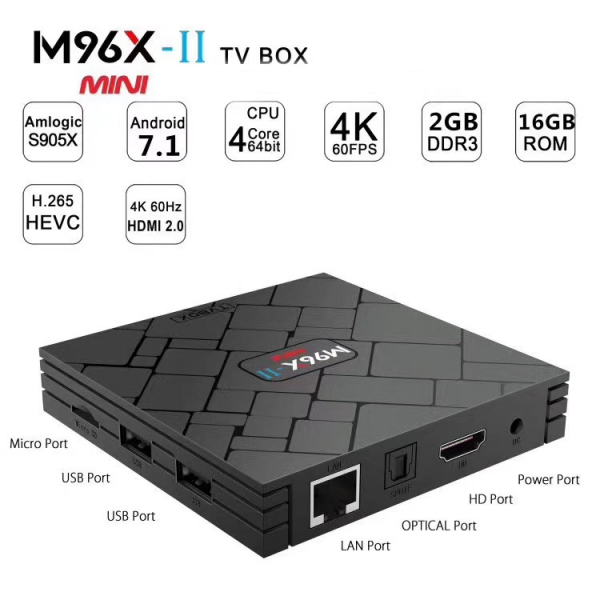 TV BOX M96X-II MINI KODI 18, 2GB RAM, 16GB ROM, Android 7.1.2, Amlogic S905X 4K, Wifi dual band, HDMI