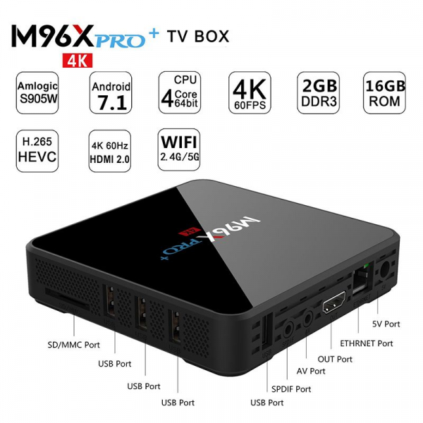 TV Box M96X Pro Plus 4K, Android 7.1, 2GB RAM 16GB ROM, S905W Quad Core, Kodi,Video 3D, Wifi dual band, Bluetooth